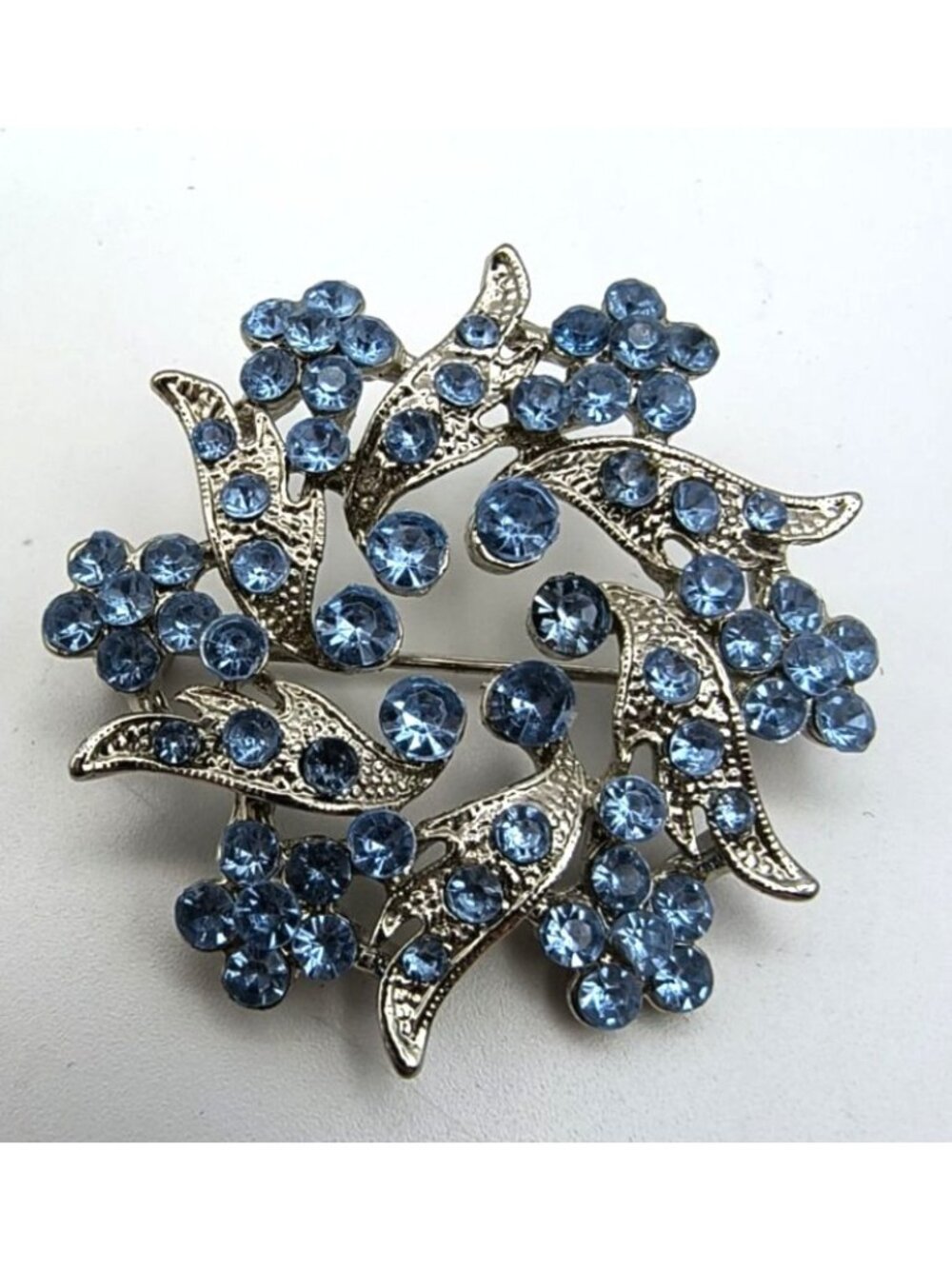 Vintage Silver-Tone Brooch Blue Rhinestone Floral Design